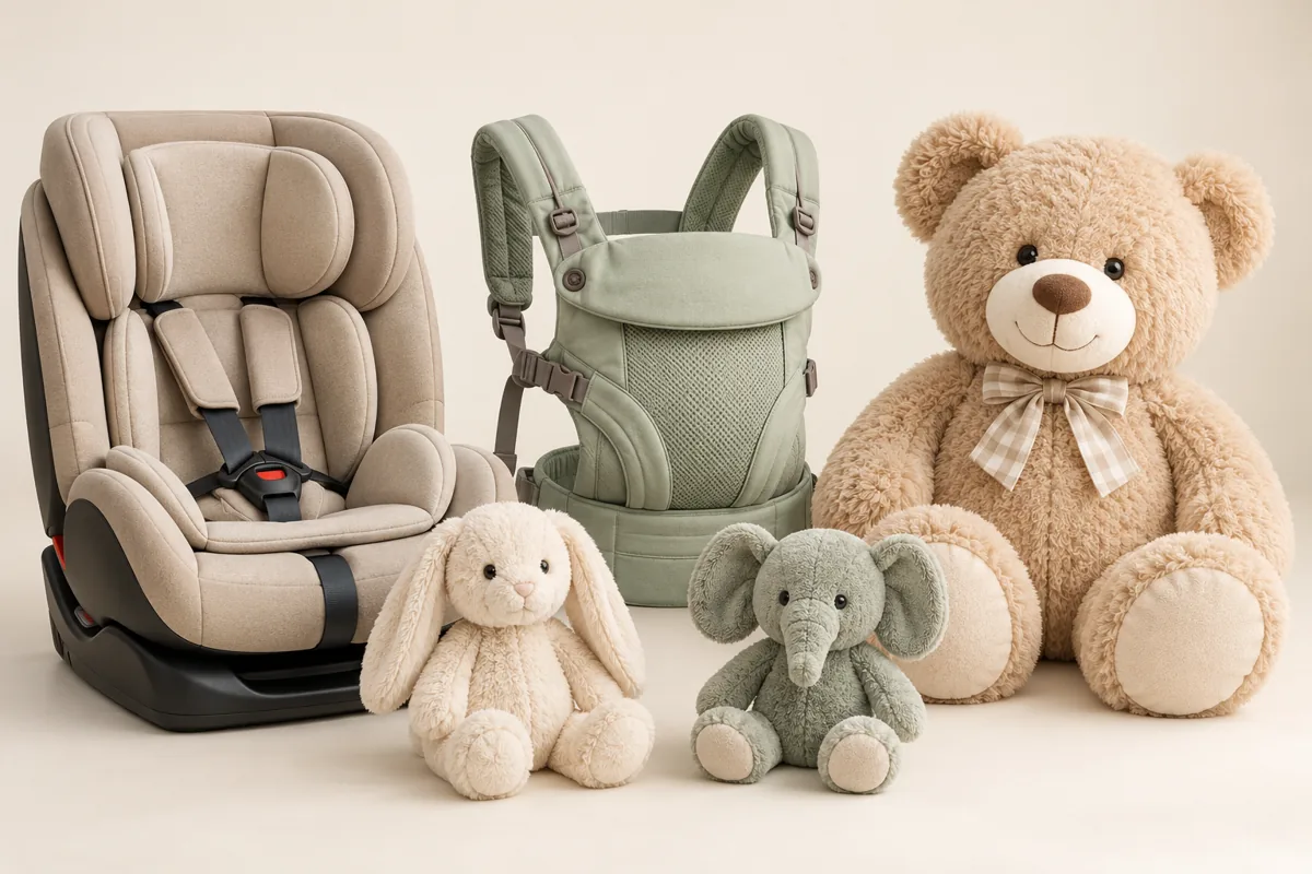 Symbolbild: Kindersitz, Kindertrage und Kuscheltiere verschiedener Größen