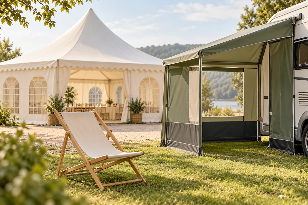 Symbolbild: Veranstaltungszelt, Campingvorzelt und Liegestuhl